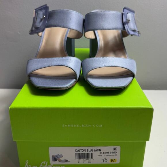 New Sam Edelman Dalton Blue Satin Slip On Block Heel Sandals Women's Size 10 - Picture 10 of 10